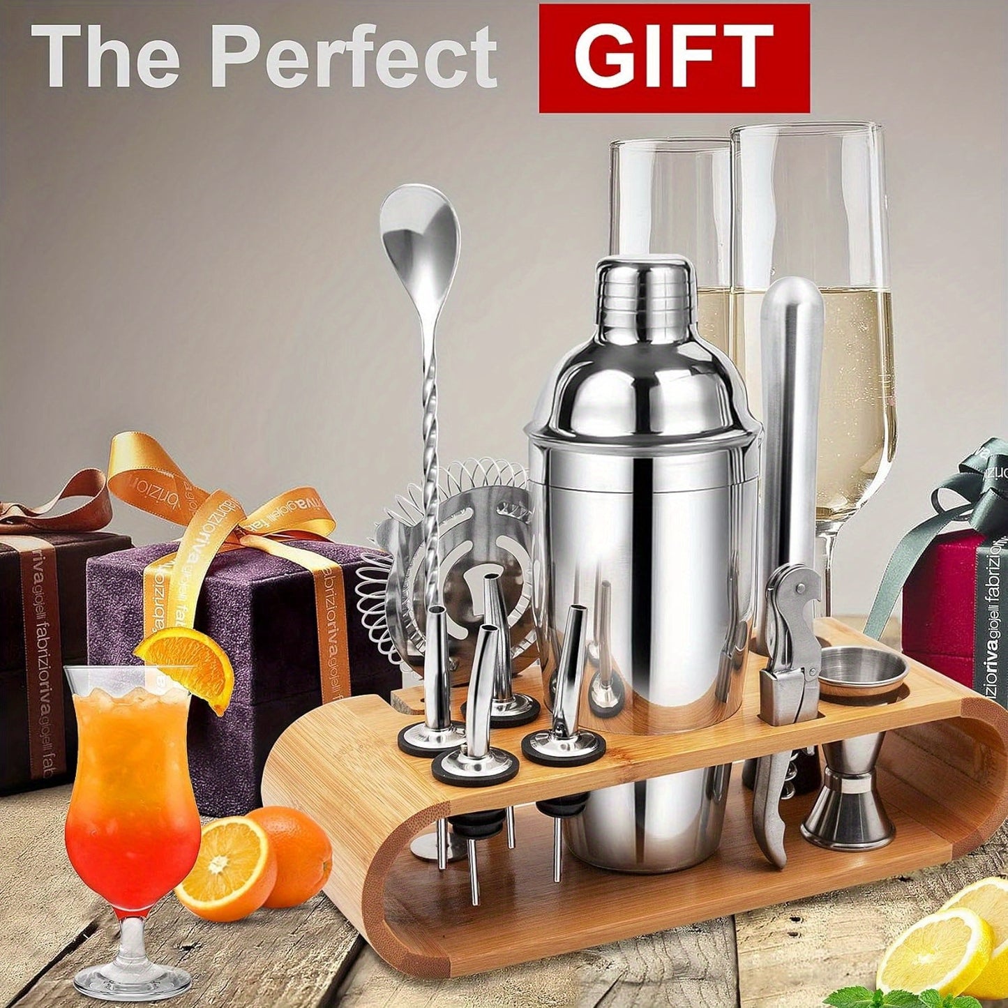 10-Piece Stainless Steel Cocktail Shaker Set – Complete Bartending Kit with Bamboo Stand