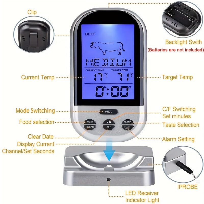 Bluetooth Wireless Meat Thermometer with LCD Digital Probe - Perfect for BBQ, Grilling, and Kitchen Cooking