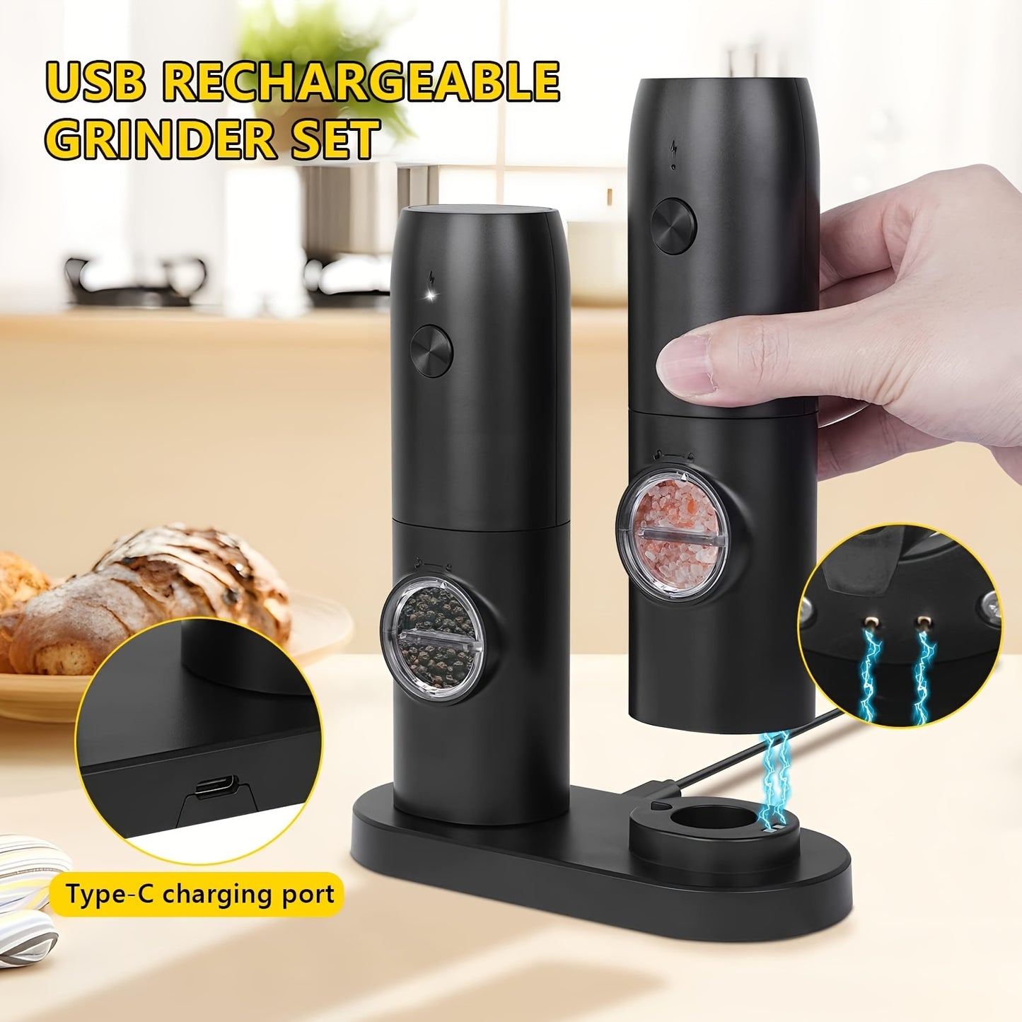 Rechargeable Electric Pepper & Salt Grinder Set – Elegant One-Hand Operated Pepper & Salt Mill