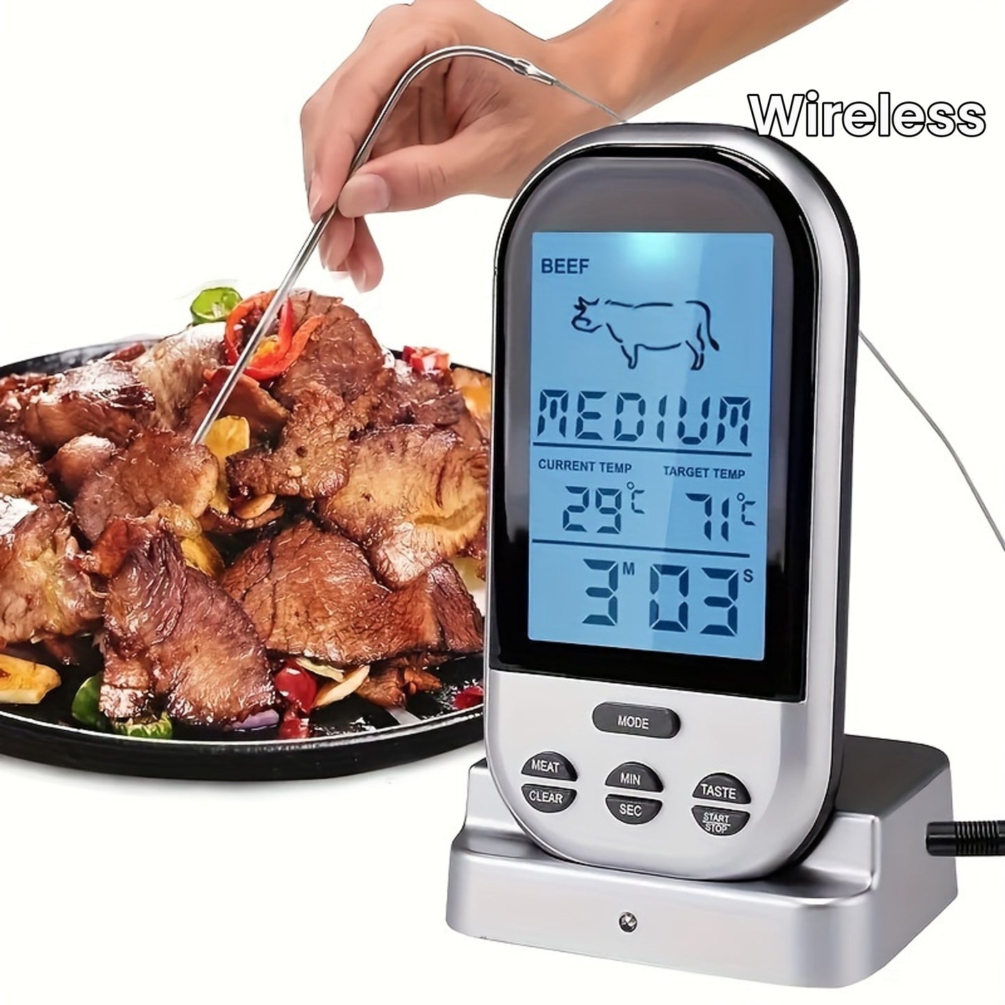 Bluetooth Wireless Meat Thermometer with LCD Digital Probe - Perfect for BBQ, Grilling, and Kitchen Cooking