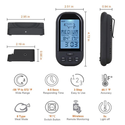 Bluetooth Wireless Meat Thermometer with LCD Digital Probe - Perfect for BBQ, Grilling, and Kitchen Cooking