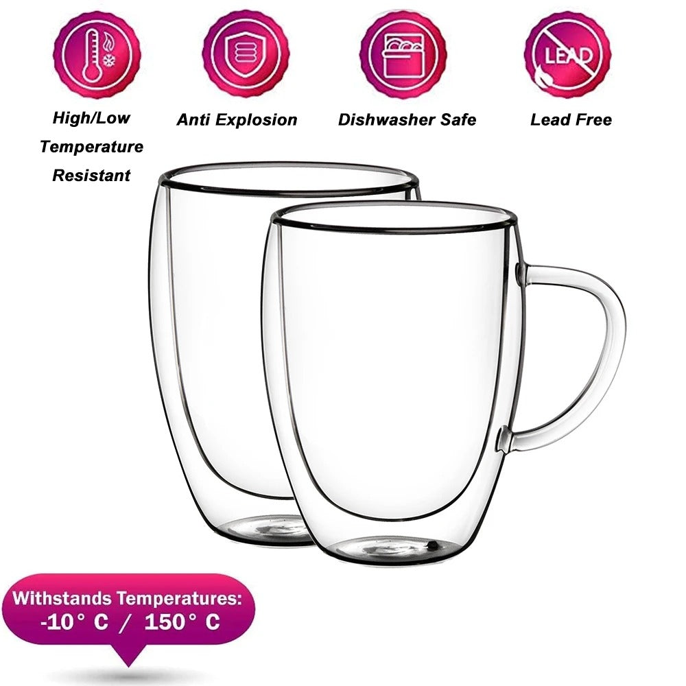 Double Wall Glass Cups – Elegant Desing - Available with or without Handle, 80ml to 450ml